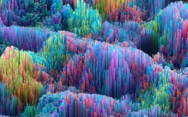 A digital artwork depicts a landscape of colorful, densely packed vertical bars forming abstract, wave-like hills—visually echoing the dynamic patterns found in AI search metrics, rendered in vibrant shades of blue, pink, purple, green, and yellow.