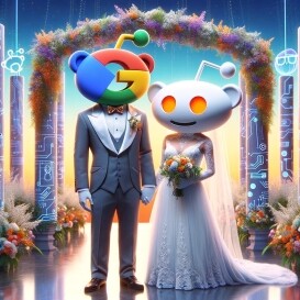 Two figures in wedding attire stand under a floral arch, the groom’s head as the Google logo and the bride’s as the Reddit logo. The background blends digital, SEO, and floral elements, highlighting a unique enterprise AI-inspired celebration.
