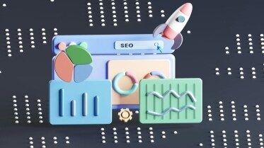 3D illustration of a web browser window labeled "SEO" with graphs, charts, a rocket, and gear icon, symbolizing organic growth through data analysis and search engine optimization strategies.